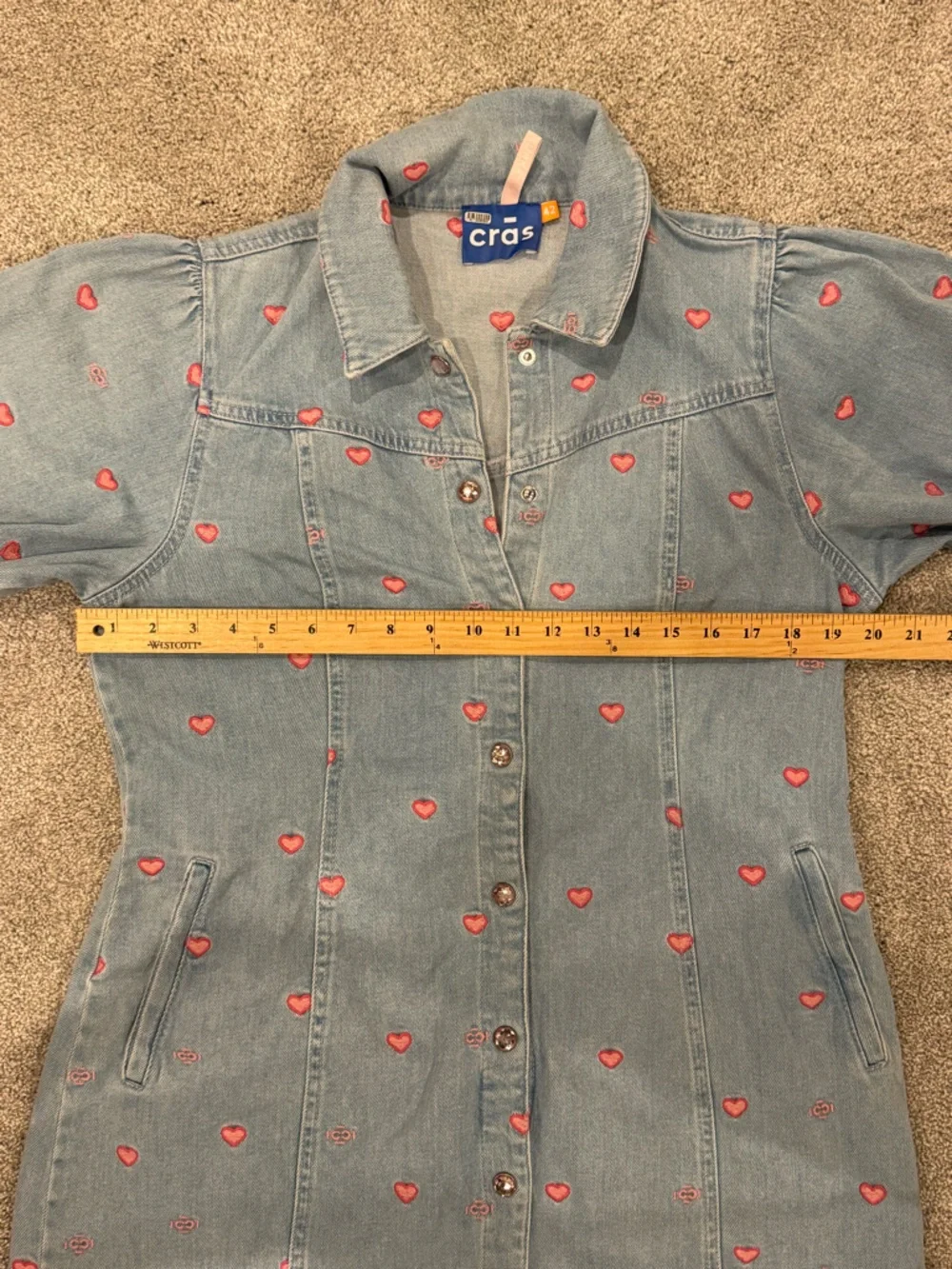 Crās Patti Denim Mini Dress Light Blue Pink Hearts  size XL 🩷 - Picture 10 of 15